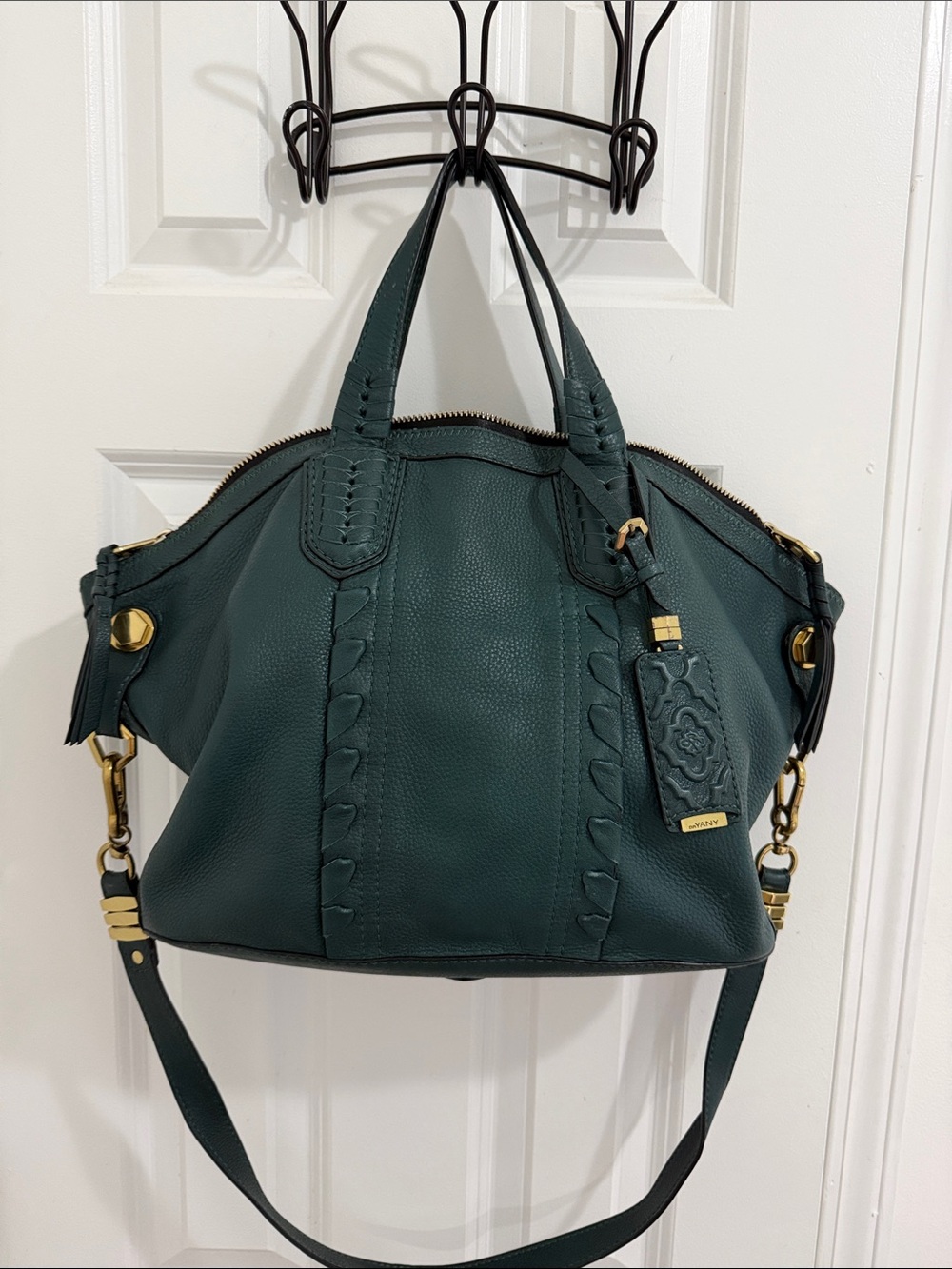 OR YANY Forest Green Leather Shoulder Bag with Braided Details NWOT
